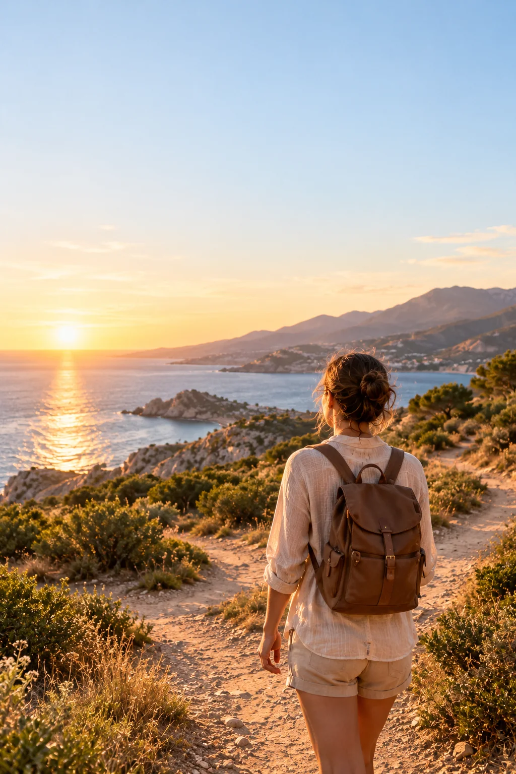 A woman with a backpack exploring a path overlooking the Mediterranean